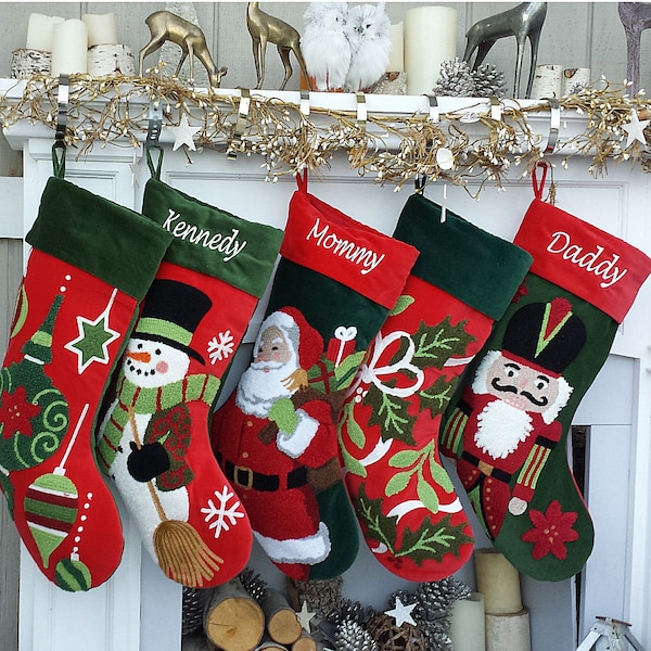 Whimsical Nutcracker or Cute Snowman Tufted Velvet Children's Christmas Stockings Embroidered and Personalized with Names Family Heirloom