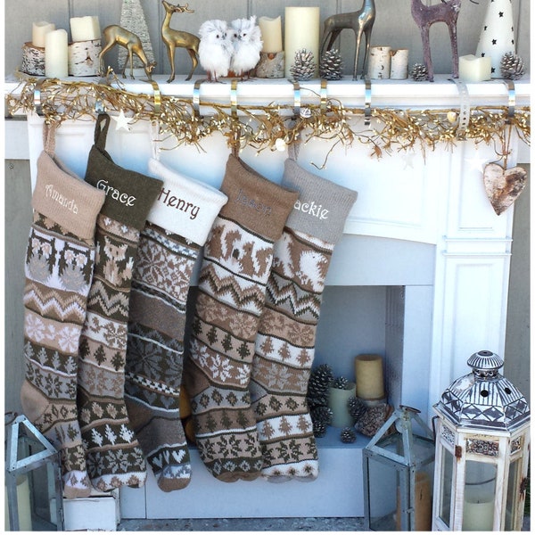 Personalized Knit Christmas Stockings Large 28" Earth Tone Modern Fair Isle Owl Fox Squirrel Bird Knitted Intarsia Nordic Woodland