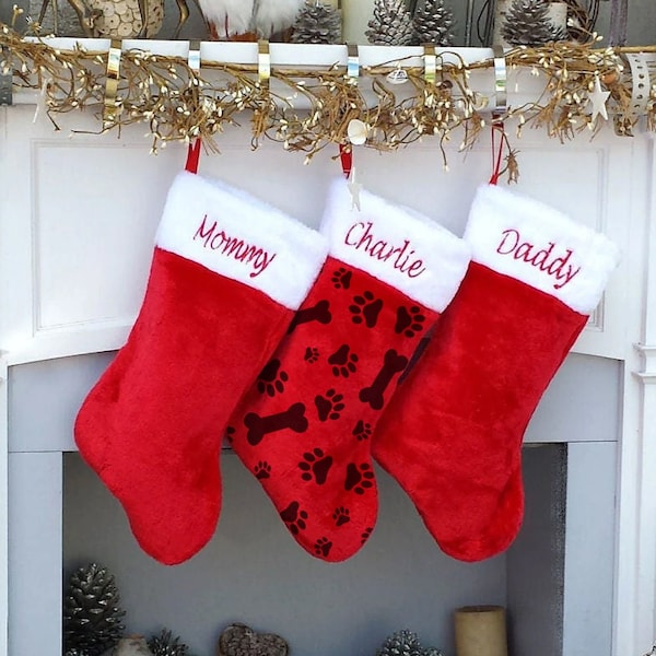 Red White Plush Christmas stocking Paws Bone Fish  Personalized Embroidered Family Stockings - Traditional Cat Dog Pet Christmas Stockings