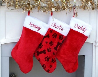 Red White Plush Christmas stocking Paws Bone Fish  Personalized Embroidered Family Stockings - Traditional Cat Dog Pet Christmas Stockings