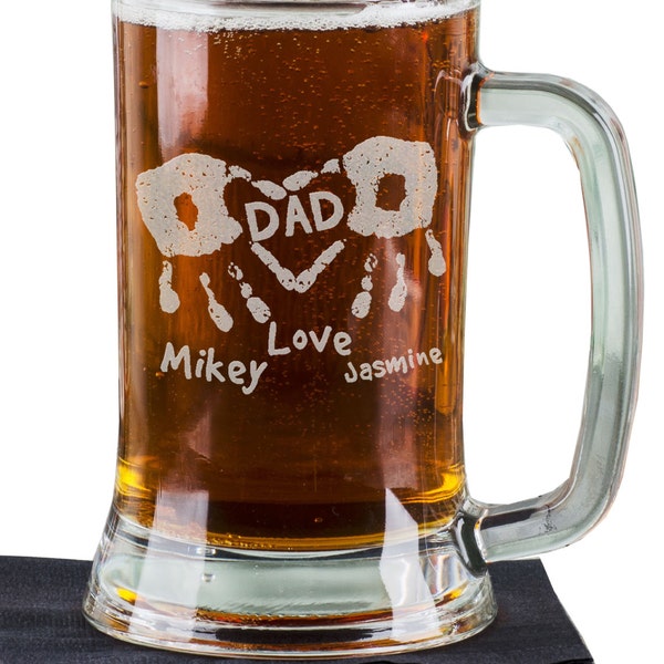 DAD Handprints  Heart 16Oz Personalized Beer Mug Etched with Kids Names Father's Day Gift for Dad Daddy Pop from Son Daugther Father Present