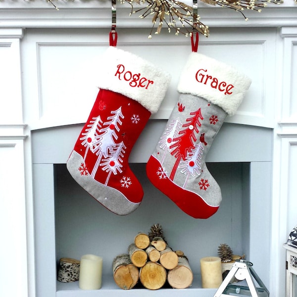 Whimsical Nordic Wool / Felt Stocking with Scandinavian Forest Trees Personalized Monogram or Name Red Grey White Christmas Stockings