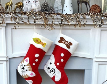Pet Dog Christmas Stockings Cat Stocking Whimsical Monogrammed Personalized Holiday Modern Puppy Kitten Cute Dog Bone Fish Applique