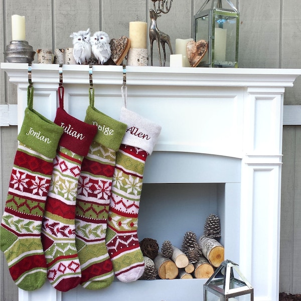 Personalized Knitted Christmas Stockings Red Green White