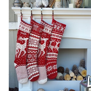 Knit Christmas Stockings Red White Reindeer or Snowflake Design Scandinavian Nordic Modern Holiday Theme Minimalist Look Custom Long image 5