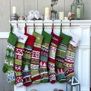 Personalized Knitted Christmas Stockings Green White Red Intarsia Fair Isle Knit Christmas Decor Deer Snowflakes Extra Large