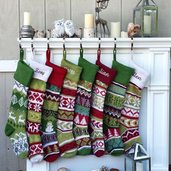 Personalized Knitted Christmas Stockings Green White Red Intarsia Fair Isle Knit Christmas Decor Deer Snowflakes Extra Large