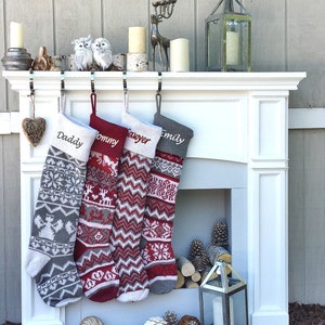 Personalized Large 28 Knitted Christmas Stockings Red Grey White Intarsia Fair Isle Nordic Modern Christmas Stockings for Holidays image 1