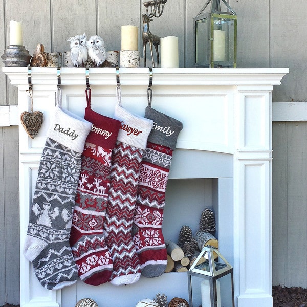 Personalized Large 28"  Knitted Christmas Stockings Red Grey White Intarsia Fair Isle Nordic Modern Christmas Stockings for Holidays