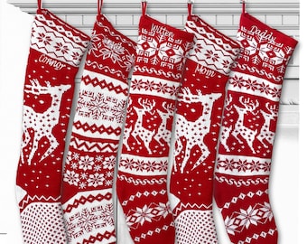 Knit Christmas Stockings - Red White - Reindeer or Snowflake Design Scandinavian Nordic Modern Holiday Theme Minimalist Look Custom  Long