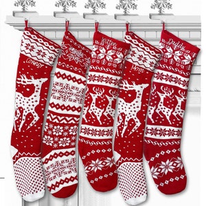 Knit Christmas Stockings - Red White - Reindeer or Snowflake Design Scandinavian Nordic Modern Holiday Theme Minimalist Look Custom  Long