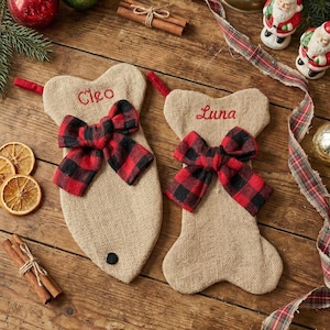 Burlap Bone Fish Pet Christmas Stockings Dog Cat Buffalo Plaid Bow & Burlap Christmas Personalized Holiday Customized Embroidered with Name