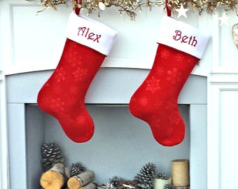 Personalized Stocking - Etched Snowflake Red Velvet, Gorgeous Metallic Red Rope Trim, Name Custom Embroidered Christmas Stockings Holiday