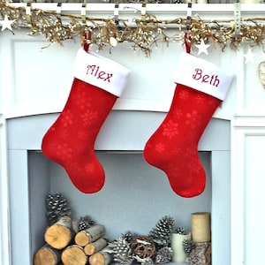 Personalized Stocking - Etched Snowflake Red Velvet, Gorgeous Metallic Red Rope Trim, Name Custom Embroidered Christmas Stockings Holiday