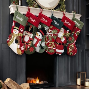 Whimsical Nutcracker Cute Snowman Santa Tufted Velvet Children&#39;s Christmas Stockings Embroidered and Personalized with Names Family Heirloom