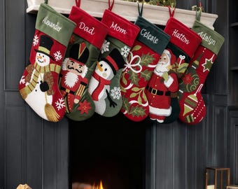 Whimsical Nutcracker Cute Snowman Santa Tufted Velvet Children's Christmas Stockings Embroidered and Personalized with Names Family Heirloom