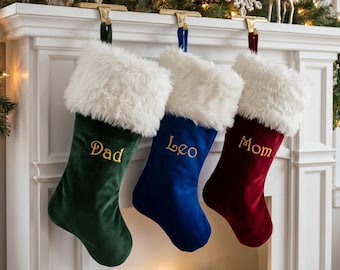 21'' Premium Velvet Christmas Stockings | Dark Green Deep Burgundy Blue Faux Fur Cuff | Luxury Personalized Stocking With Embroidered Name