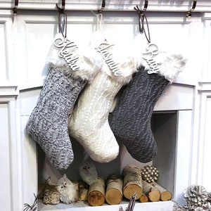 Grey Off White Cable Knit Christmas Stockings with Faux Fur Cuff Personalized with Cutout Wood Name Tag Custom Family Holiday 2023