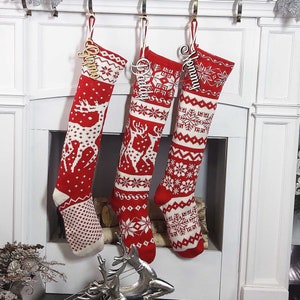 Knit Christmas Stockings Red White Reindeer or Snowflake Design Scandinavian Nordic Modern Holiday Theme Minimalist Look Custom Long image 7