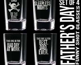 Gift for Dad Set of 4 Father's Day Shot Glasses Dad to the Bone Best Dad Ever Funny Shot Glasses Gift Idea for Dad, Daddy, Humor for Father