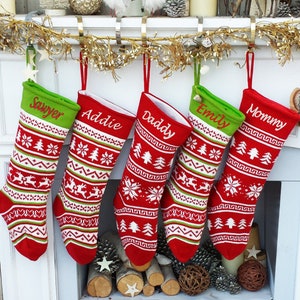 Fair Isle Personalized 19" Knitted Christmas Stockings Intarsia Red Green White Knit Modern Christmas Family Stockings for Holidays