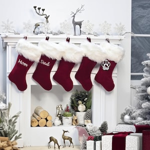Luxe Velvet 19" Personalized Christmas Stockings  Luxury Burgundy Merlot Faux Fox Fur Cuff  Embroidered with Names Velvet Stockings