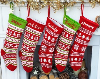 Fair Isle Personalized 19" Knitted Christmas Stockings Intarsia Red Green White Knit Modern Christmas Family Stockings for Holidays