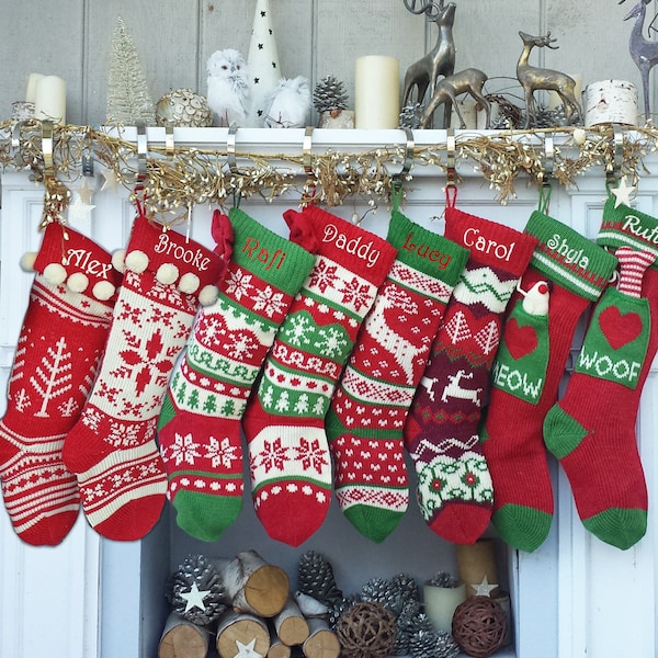 Knitted Christmas Stockings Red IVORY Green Fun Snowflake Family with Pets Cat Mouse Meow and Dog Bone Woof Knit Personalized Embroidered