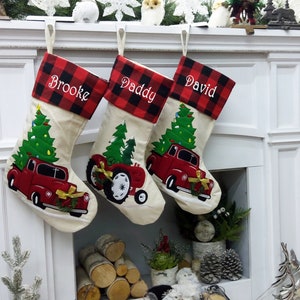 Red Christmas Truck Personalized Christmas Stockings Buffalo Plaid Cuff | Farm Tractor Farmhouse Tree Design | Trend Name Tags - Embroidery