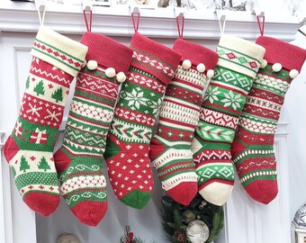 Ivory/Red/Green Knitted Christmas Stockings | Snowflakes Presents Tree Traditional Festive Fun Xmas Decor Personalized Embroidered Name