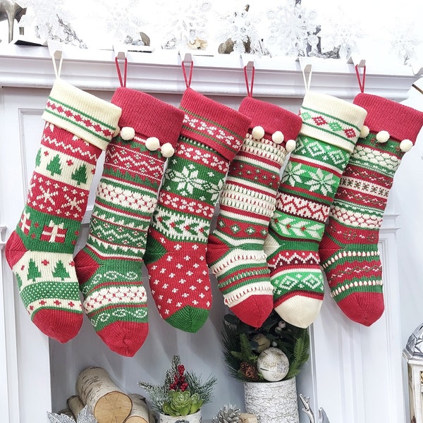 Ivory/Red/Green Knitted Christmas Stockings | Snowflakes Presents Tree Traditional Festive Fun Xmas Decor Personalized Embroidered Name