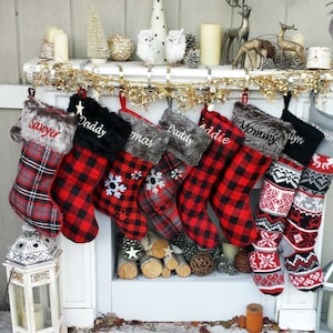 Buffalo Check Plaid Red Grey Black Faux Fur Intarsia Knit Personalized Christmas Stockings Family Xmas 2024