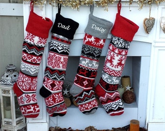 Large Personalized Knitted Christmas Stockings Black Red Grey White Intarsia Fair Isle Nordic Modern Christmas Stocking Decor for Holidays