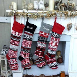 Large Personalized Knitted Christmas Stockings Black Red Grey White Intarsia Fair Isle Nordic Modern Christmas Stocking Decor for Holidays