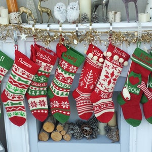 Knitted Christmas Stockings Red IVORY Green Fun Snowflake Family with Pets Cat Mouse Meow and Dog Bone Woof Knit Personalized Embroidered image 3
