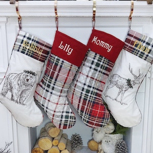 Modern Plaid Woodland Christmas Stockings Personalized with Embroidery or Wooden Tags