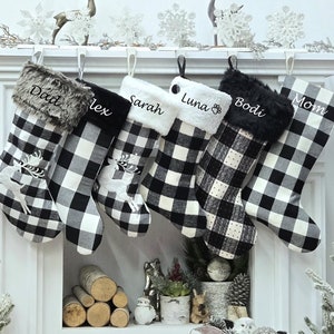 Black White Grey Plaid Personalized Christmas Stockings | Farmhouse Buffalo Check Rustic Decor Faux Fur Reindeer Embroidered Name Wood Tag