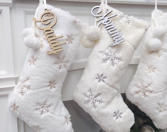 20" Fuzzy Plush Snowflake Christmas Stockings | Bright White Gold Sequins Ivory Silver Sequins Holiday Decor Personalized Wood Name Tag