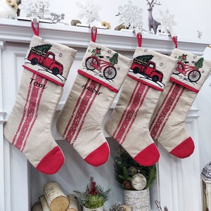 Vintage Truck & Bicycle Christmas Stockings | Red Green Rustic Nostalgic Decor Farmhouse Country Style Personalized Embroidery Name