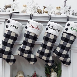 20&quot; Black/Ivory Buffalo Plaid Christmas Stockings | Sherpa Cuff Rustic Buttons  Modern Farmhouse Tartan Personalized Embroidered Name Tag