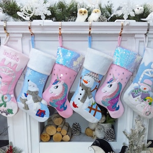 Children's Polar Bear, Baby Snowman, and Unicorn Christmas Snowman Personalized stocking with Applique