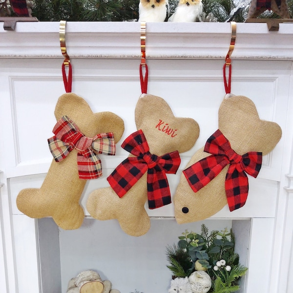 Dog Bone - Cat Fish Pet Christmas Stockings Buffalo Plaid Bow & Burlap Christmas Personalized Holiday Customized Embroidered with Name