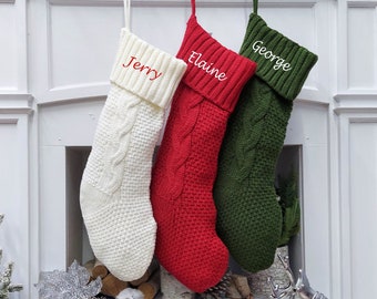 Chunky Cable Knit Christmas Stockings | Aran Isle Knit Red Green Ivory Premium Knitted Modern Double Sided Personalized Embroidery Name