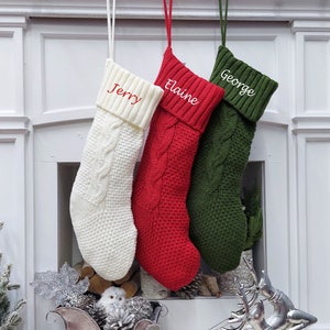 Chunky Cable Knit Christmas Stockings | Aran Isle Knit Red Green Ivory Premium Knitted Modern Double Sided Personalized Embroidery Name