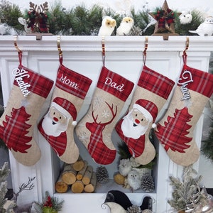 Plaid Deer Santa Tree Personalized Christmas Stockings Christmas  Burlap Country Kids & Family Xmas 2022