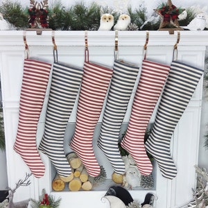 Blue Red Cottage Stripe Personalized Christmas Stockings with Wooden Name Tags or Embroidered Customization