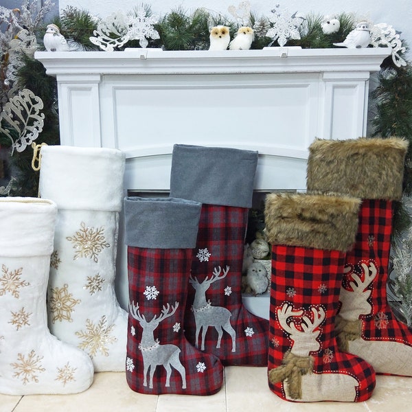 Standing Christmas Stockings | Oversized 24" or 30" Light up LED Snowflakes | Buffalo Plaid Faux Fur | Plaid Reindeer | Xmas Decor Kids Gift