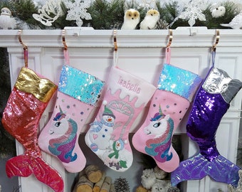 Mermaid Unicorn Snowman Christmas Girly Stockings for Girls Ladies Pink Purple Aqua Green Gold Silver So Cute Personalized for Her  2022
