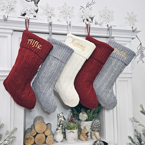 Burgundy | Ivory | Grey | Braided Cable Knit Christmas Stockings Personalized with Cutout Wood Name Tag Custom Embroidered Xmas Modern Decor