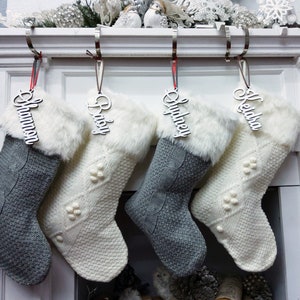 Grey Ivory 20" Cable Knit Christmas Stockings with Faux Fur Cuff Personalized with Cutout Wood Name Tag Custom Family Holiday 2022